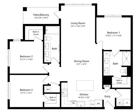 Three Bedroom Floor Plan with 1,348 Sq. Ft. at Lenox at Bloomingdale Luxury Apartments in Riverview FL